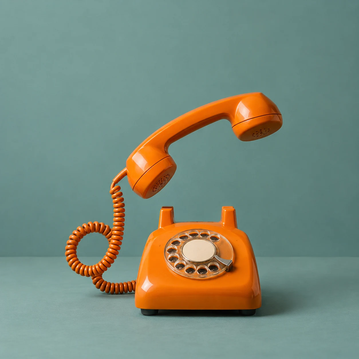 Telefone laranja retrô sobre fundo verde: uma nova conversa para seu negócio.